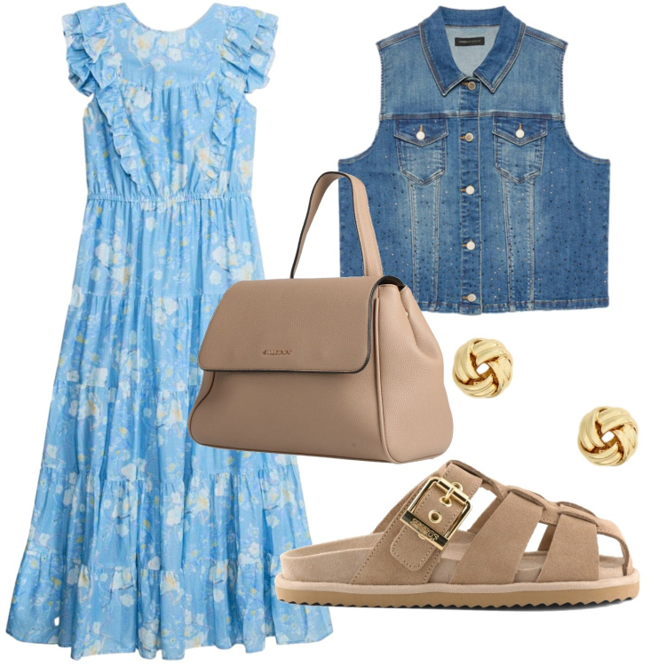 Outfit donna - Colori d’estate. Stile Basic per Tutti i giorni. Abbinamento con zaini, vestiti lunghi, gilet, orecchini, sandali.