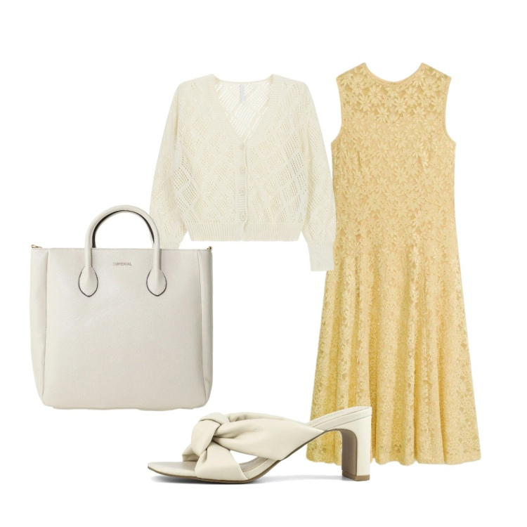 Outfit donna - In città. Stile Bon Ton per Ufficio. Abbinamento con vestiti midi/longuette, cardigans, borse a tracolla, sandali col tacco.