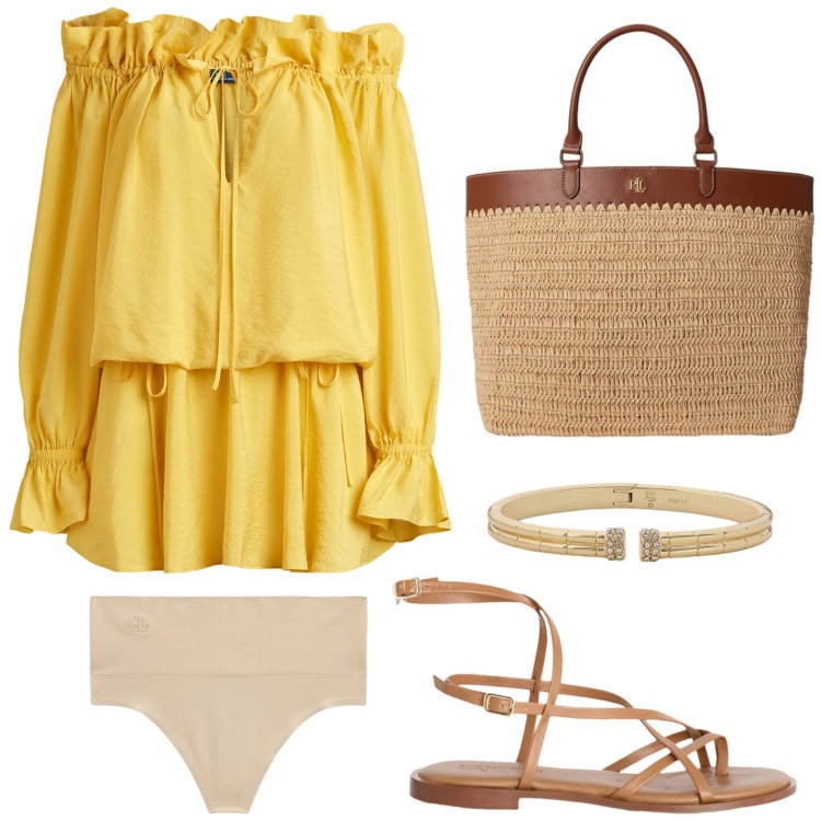 Outfit donna - Colori d’estate. Stile Boho per Tutti i giorni. Abbinamento con sandali in pelle, perizomi, vestiti, borse tote, braccialetti.
