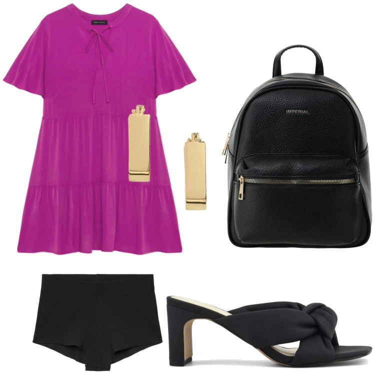 Outfit donna - Abiti fluidi sotto il sole. Stile Casual per Tutti i giorni. Abbinamento con culotte, zaini, vestiti corti, orecchini, sandali col tacco.