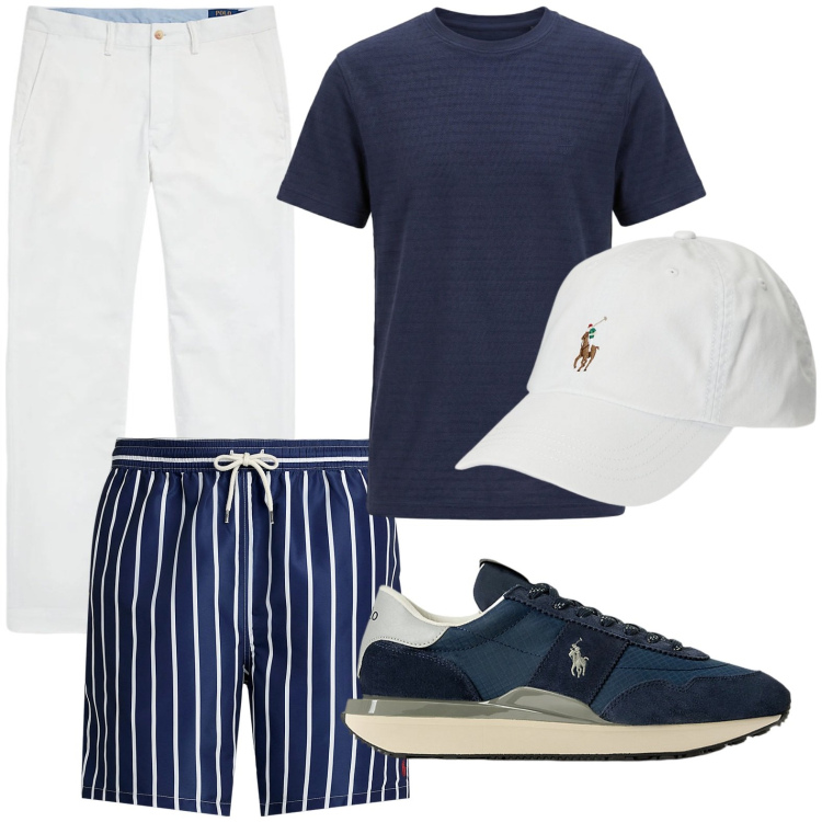 Outfit uomo - Look da weekend fuori porta. Stile Trendy per Mare. Abbinamento con t-shirt, pantaloni, cappelli, sneakers, costumi.