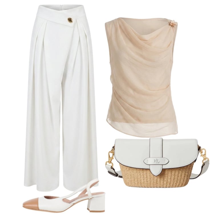 Outfit donna - Cena di lavoro. Stile Chic per Ufficio. Abbinamento con décolleté, top, pantaloni a palazzo, borse a spalla.