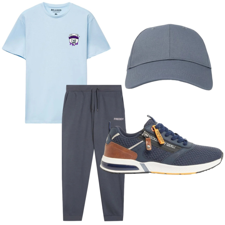 Outfit uomo - Sportivo. Stile Casual per Tutti i giorni. Abbinamento con sneakers, cappelli con visiera, t-shirt, pantaloni cargo.