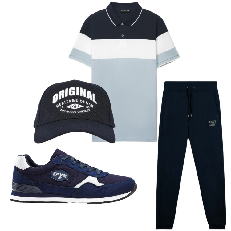 Outfit uomo - Passeggiate estive. Stile Trendy per Tutti i giorni. Abbinamento con sneakers, cappelli con visiera, polo, pantaloni.