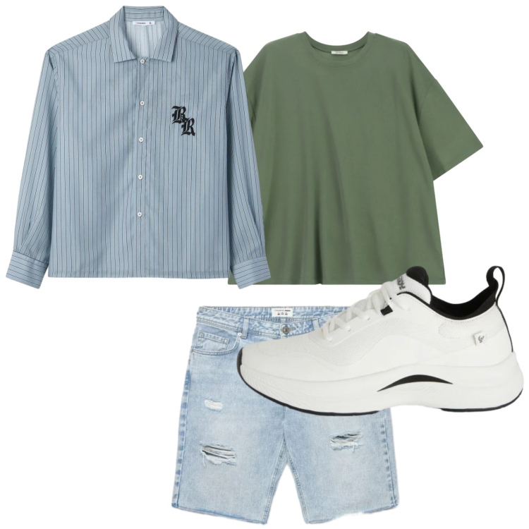 Outfit uomo - Tocco contemporaneo. Stile Trendy per Tutti i giorni. Abbinamento con camicie, shorts, t-shirt, sneakers.