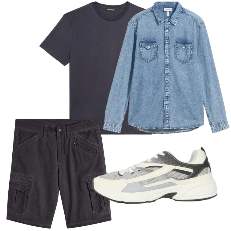 Outfit uomo - Denim style. Stile Casual per Tutti i giorni. Abbinamento con bermuda, camicie, sneakers, t-shirt.