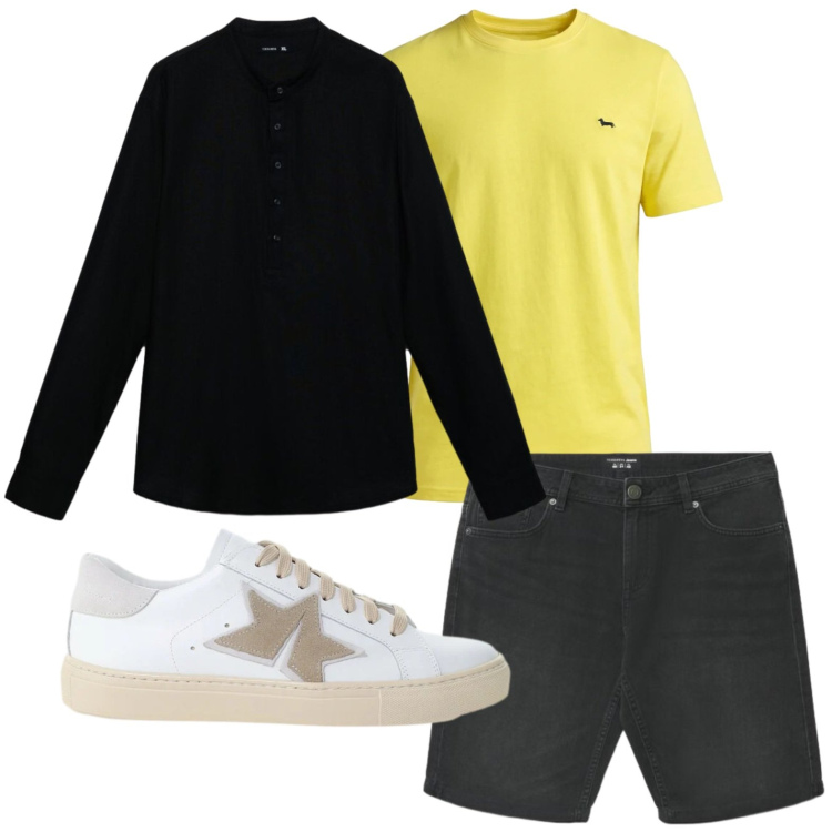 Outfit uomo - Look comfort. Stile Casual per Tutti i giorni. Abbinamento con pantaloni corti, camicie, sneakers, t-shirt.