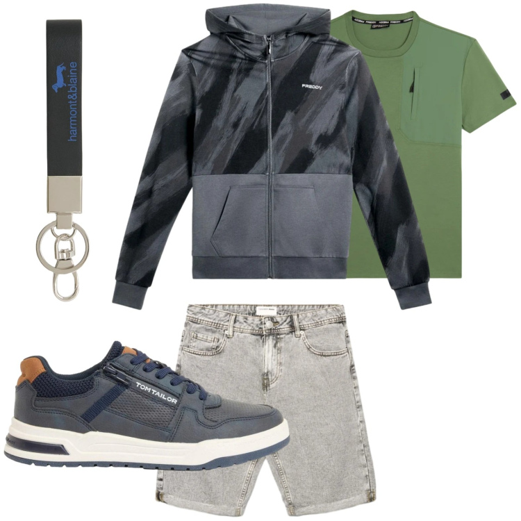 Outfit uomo - Outfit semplice. Stile Trendy per Tutti i giorni. Abbinamento con sneakers, shorts, portachiavi, felpe con cappuccio, t-shirt.