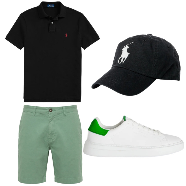 Outfit uomo - Look sportivo. Stile Casual per Tutti i giorni. Abbinamento con bermuda, sneakers, cappelli, polo.