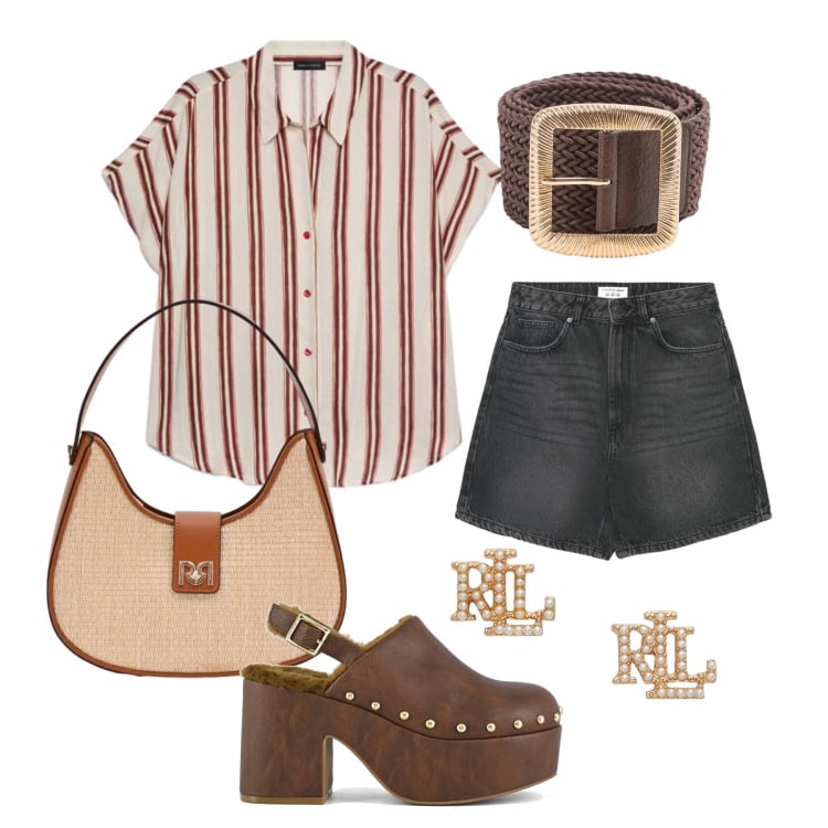 Outfit donna - Giugno. Stile Casual chic per Tutti i giorni. Abbinamento con cinture, shorts, borse a spalla, camicie a manica corta, orecchini, sabot.