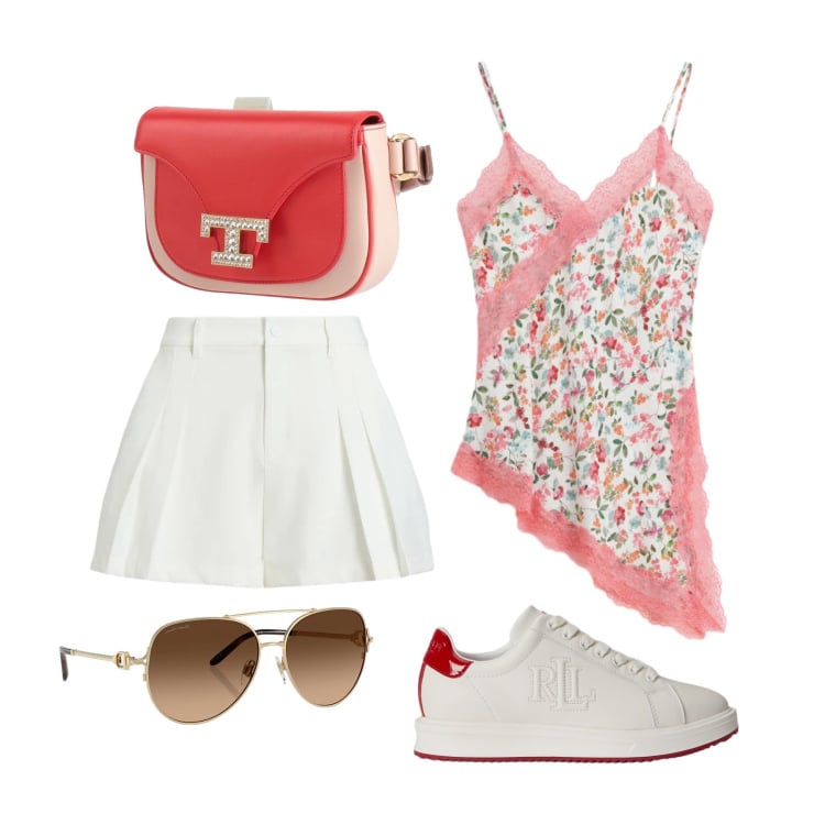 Outfit donna - Giugno. Stile Casual chic per Tutti i giorni. Abbinamento con marsupi, canottiere, occhiali da sole, minigonne, sneakers.