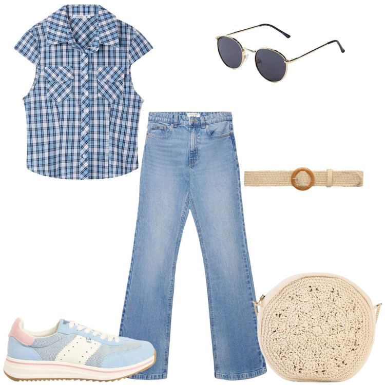 Outfit donna - Casual. Stile Casual per Tutti i giorni. Abbinamento con occhiali da sole, borse a tracolla, sneakers, camicie a manica corta, cinture, jeans bootcut.
