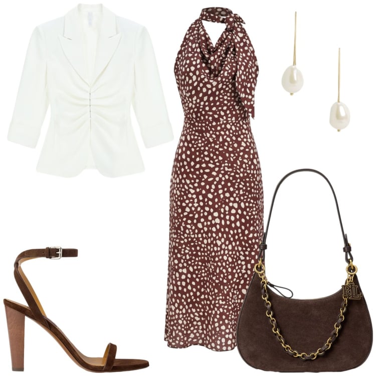 Outfit donna - Cosa mi metto per una cerimonia. Stile Chic per Cerimonia. Abbinamento con vestiti midi/longuette, blazer, borse a spalla, orecchini, sandali in pelle.