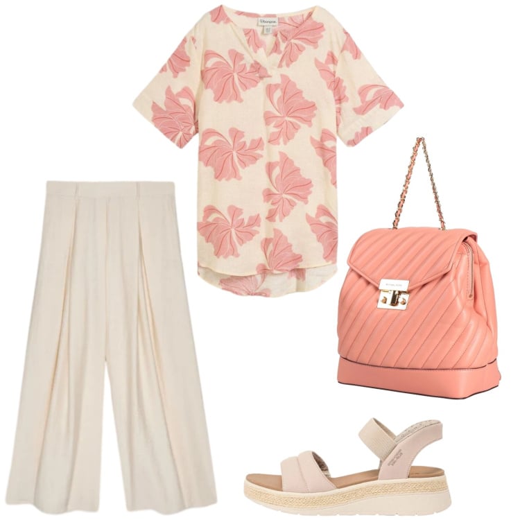 Outfit donna - In ufficio in rosa. Stile Romantica per Ufficio. Abbinamento con zaini, bluse, sandali, pantaloni a palazzo.