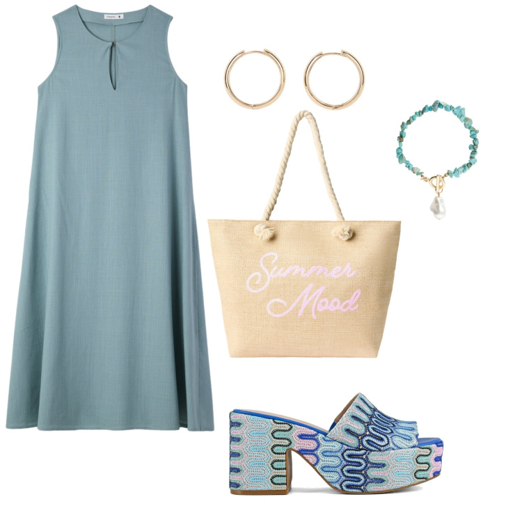 Outfit donna - Sere d\'estate al mare. Stile Casual chic per Tutti i giorni. Abbinamento con orecchini, borse tote, vestiti lunghi, braccialetti, sabot.