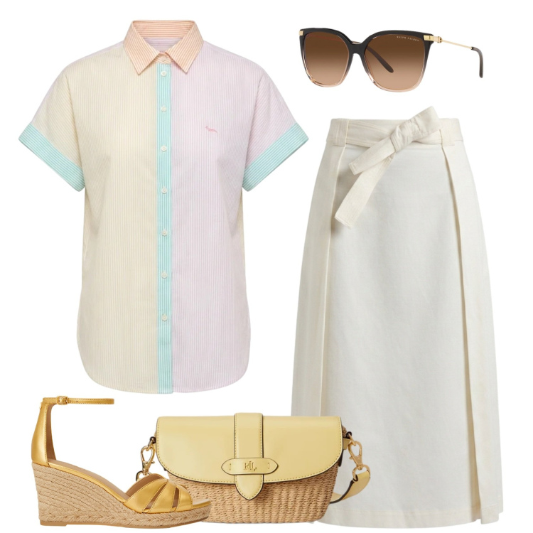 Outfit donna - Sotto al sole. Stile Casual chic per Ufficio. Abbinamento con gonne longuette, camicie a manica corta, occhiali da sole, zeppe, borse a tracolla.