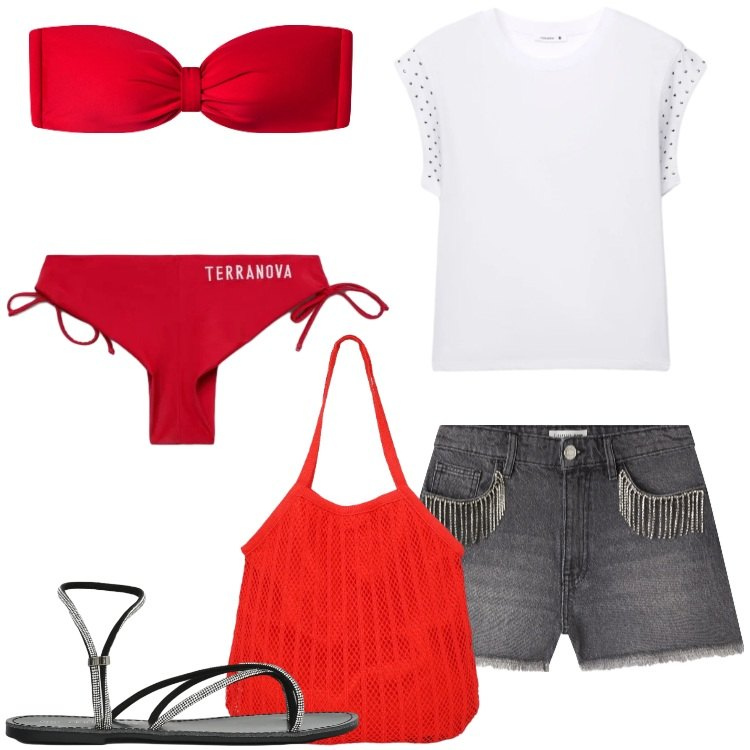 Outfit donna - Terranova - Beach State of Mind. Stile Trendy per Mare. Abbinamento con shorts, bikini, bikini, sandali, shopping bag, t-shirt.