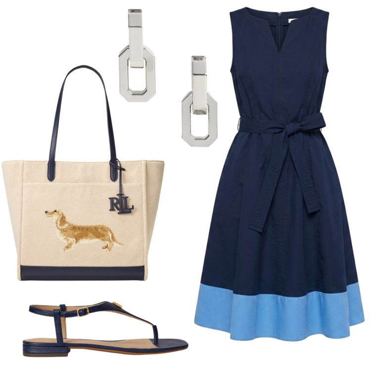 Outfit donna - In ufficio. Stile Casual chic per Ufficio. Abbinamento con vestiti senza maniche, borse tote, orecchini, sandali in pelle.