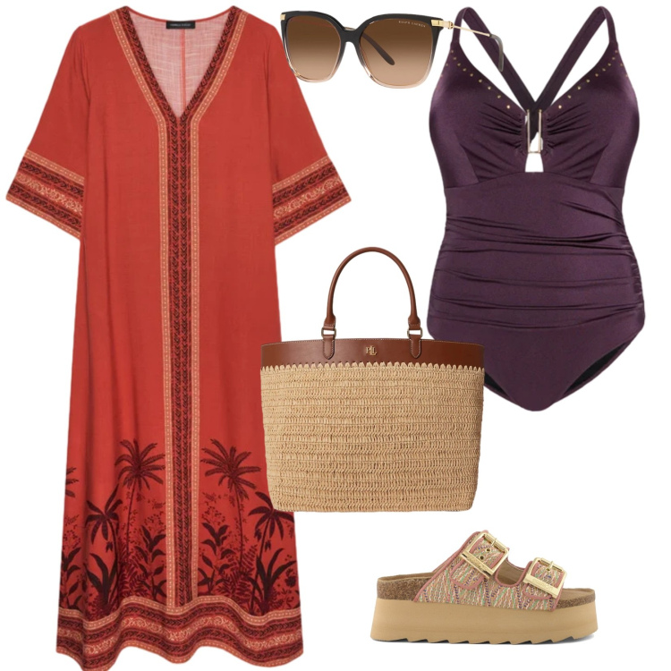 Outfit donna - Sole. per Mare. Abbinamento con costumi interi, caftani, borse tote, occhiali da sole, ciabatte.