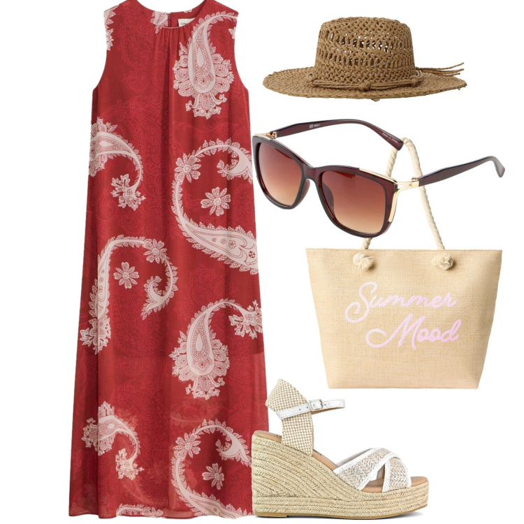 Outfit donna - Sotto il sole. per Tutti i giorni. Abbinamento con vestiti lunghi, occhiali da sole, borse tote, cappelli, zeppe.