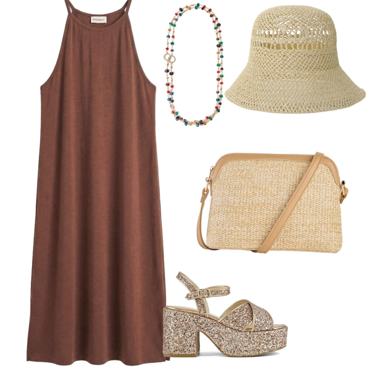 Outfit donna - Abito e sole. per Tutti i giorni. Abbinamento con vestiti lunghi, borse a tracolla, cappelli, collane, sandali.
