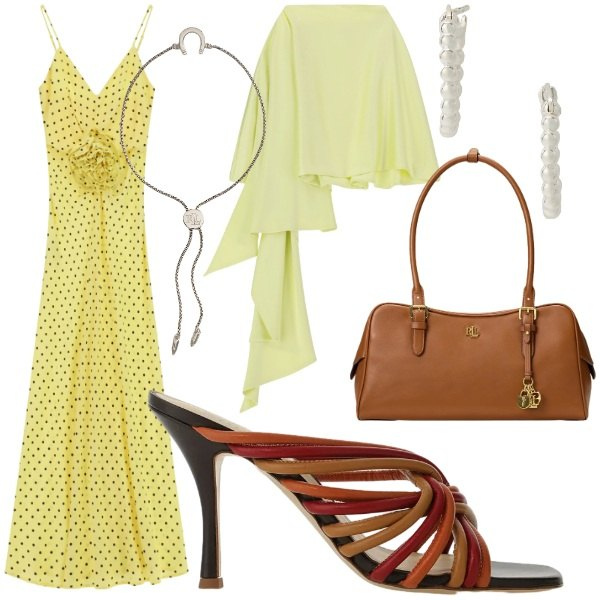 Outfit donna - Sandali minimal. Stile Glamour per Cerimonia. Abbinamento con vestiti lunghi, scialli, sandali, orecchini, braccialetti con ciondoli, borse a mano.