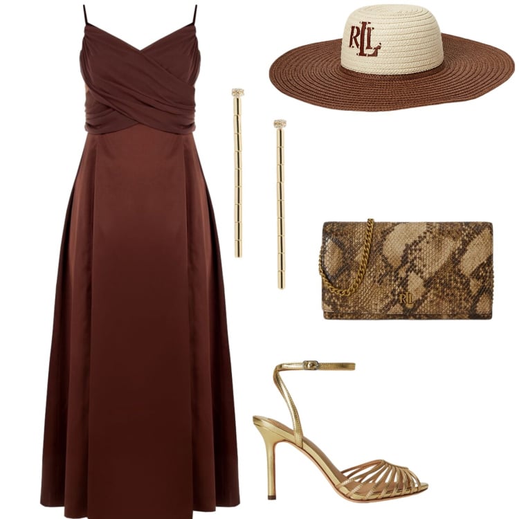 Outfit donna - Cerimonia sotto il sole. per Cerimonia. Abbinamento con vestiti lunghi, cappelli, sandali in pelle, orecchini, borse a tracolla.