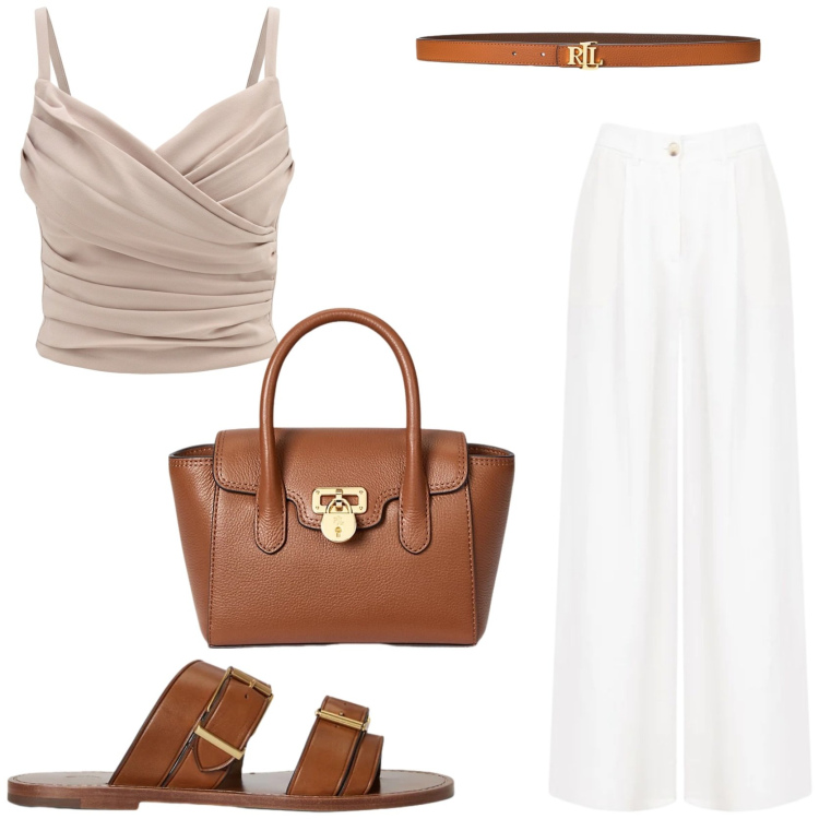 Outfit donna - Summer style. Stile Chic per Tutti i giorni. Abbinamento con canottiere, pantaloni a palazzo, borse a mano, sandali in pelle, cinture.