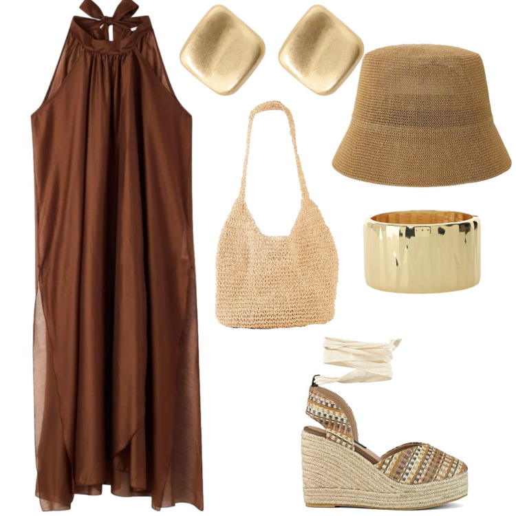 Outfit donna - Sotto il sole. per Tutti i giorni. Abbinamento con shopping bag, vestiti lunghi, cappelli, braccialetti, orecchini, zeppe.
