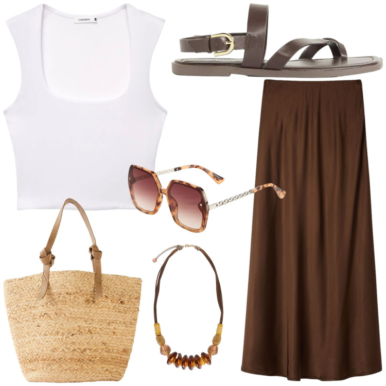 Outfit donna - Estate in libertà. Stile Etnico per Tutti i giorni. Abbinamento con occhiali da sole, shopping bag, sandali, gonne lunghe, top, collane.