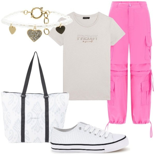 Outfit donna - Summer Energy. Stile Sporty chic per Tutti i giorni. Abbinamento con pantaloni cargo, braccialetti, shopping bag, t-shirt, sneakers.