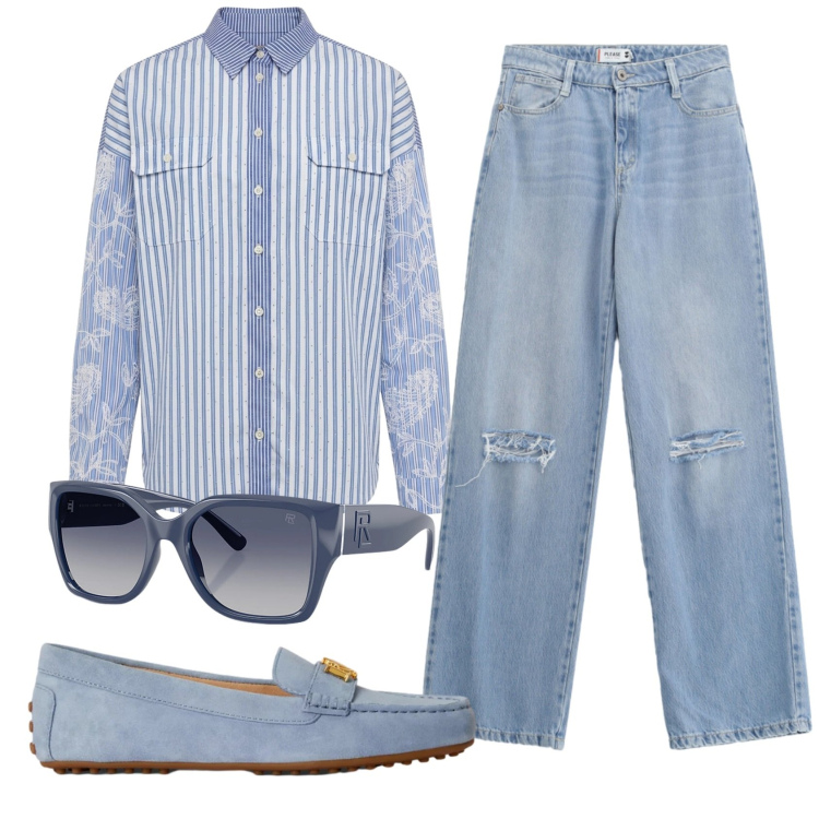 Outfit donna - Total look #2416903. Stile Trendy per Ufficio. Abbinamento con camicie, jeans strappati, occhiali da sole, mocassini.