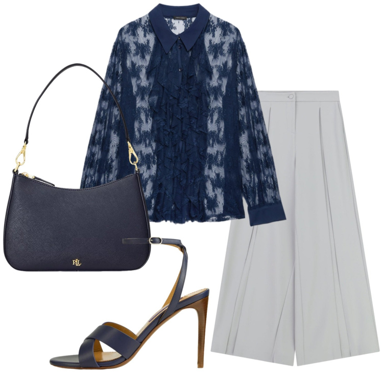 Outfit donna - Total look #2416906. Stile Trendy per Serata fuori. Abbinamento con pantaloni a palazzo, camicie, borse a spalla, sandali col tacco.
