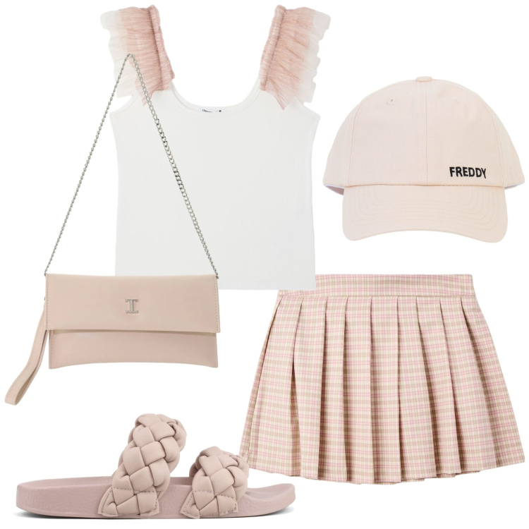 Outfit donna - Total look #2416907. Stile Basic per Mare. Abbinamento con minigonne, canottiere, borse a tracolla, cappelli con visiera, ciabatte.
