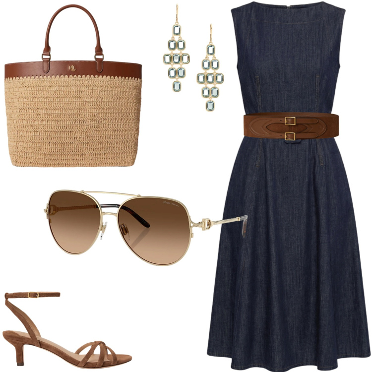 Outfit donna - Casual chic mediterraneo. Stile Casual chic per Tutti i giorni. Abbinamento con vestiti, occhiali da sole, borse tote, sandali col tacco, orecchini, cinture.