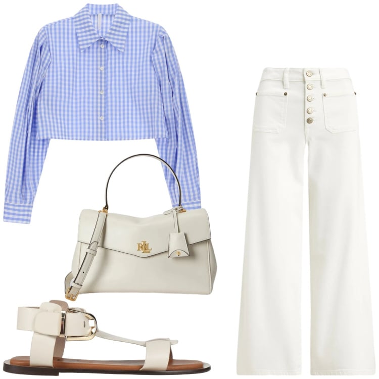 Outfit donna - Jeans e camicia combo chic. Stile Chic per Tutti i giorni. Abbinamento con sandali alla schiava, camicie, jeans, borse a mano.