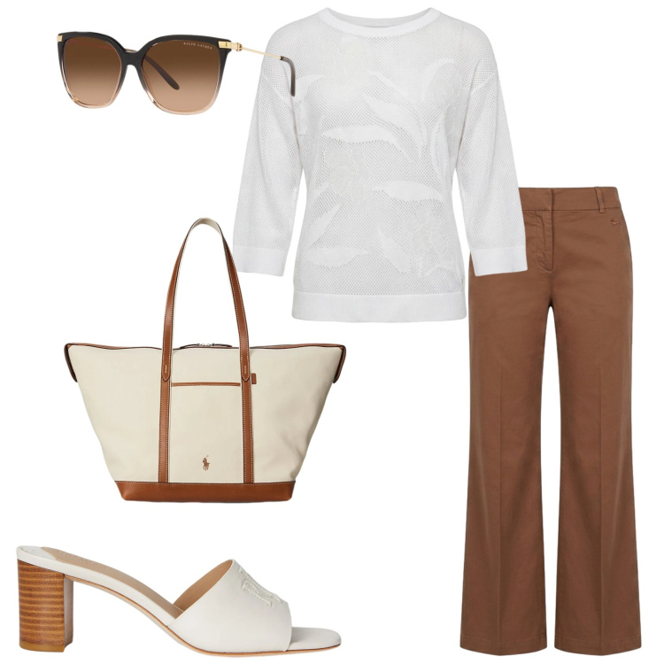 Outfit donna - Casual chic mediterraneo. Stile Casual chic per Ufficio. Abbinamento con maglieria, pantaloni, occhiali da sole, borse tote, sandali in pelle.
