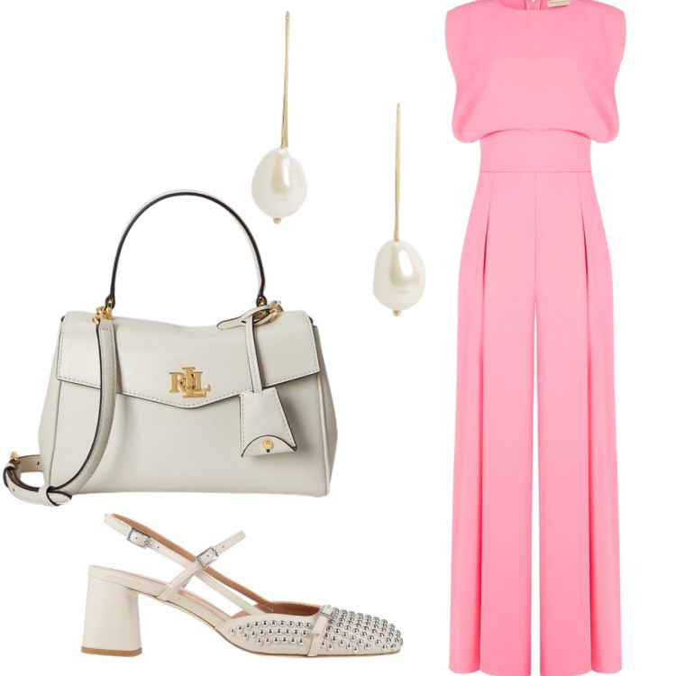 Outfit donna - Cerimonia in rosa. Stile Chic per Cerimonia. Abbinamento con décolleté, tute, borse a mano, orecchini.