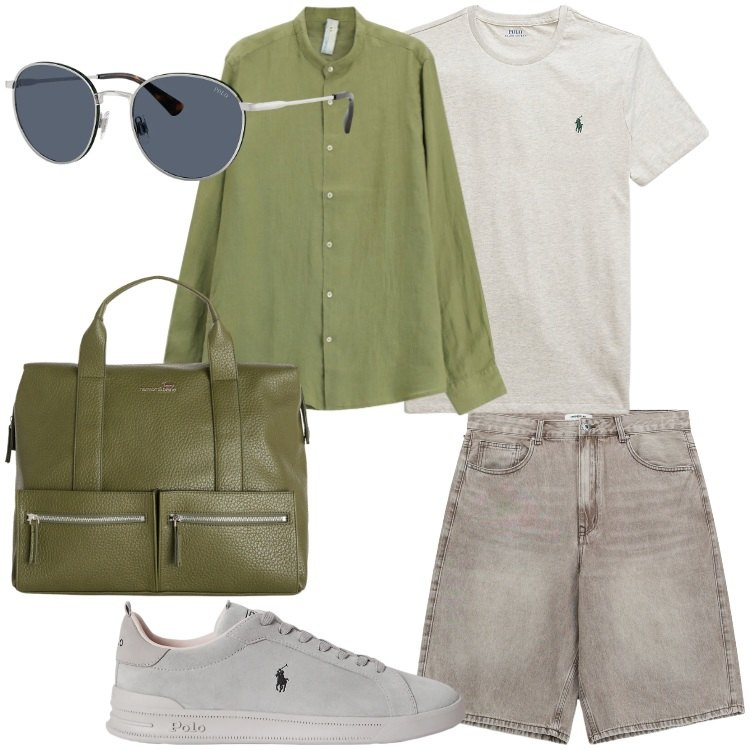 Outfit uomo - Look da weekend fuori porta. Stile Trendy per Tutti i giorni. Abbinamento con camicie, bermuda, borse sportive, occhiali da sole, t-shirt, sneakers.