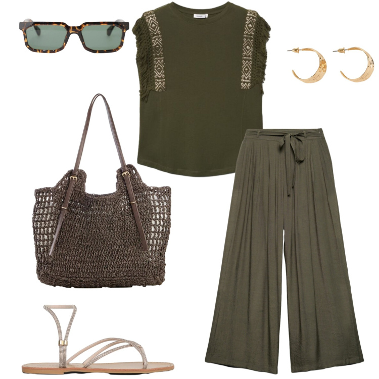 Outfit donna - Giugno in città. Stile Urban per Tutti i giorni. Abbinamento con shopping bag, orecchini, pantaloni, sandali, t-shirt, occhiali da sole.