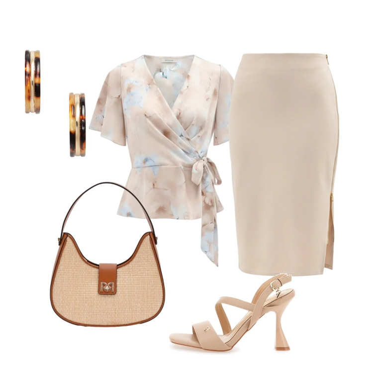 Outfit donna - In ufficio. Stile Chic per Ufficio. Abbinamento con gonne longuette, bluse, borse a spalla, orecchini, sandali col tacco.