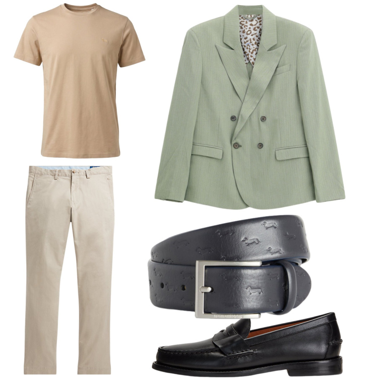 Outfit uomo - Matrimonio ad agosto. Stile Business/Elegante per Cerimonia. Abbinamento con giacche, cinture, t-shirt, pantaloni, scarpe stringate.