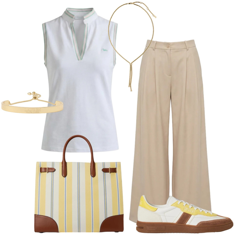 Outfit donna - Mediterraneo d\'estate. Stile Casual chic per Tutti i giorni. Abbinamento con pantaloni, polo, borse tote, sneakers, collane, braccialetti.