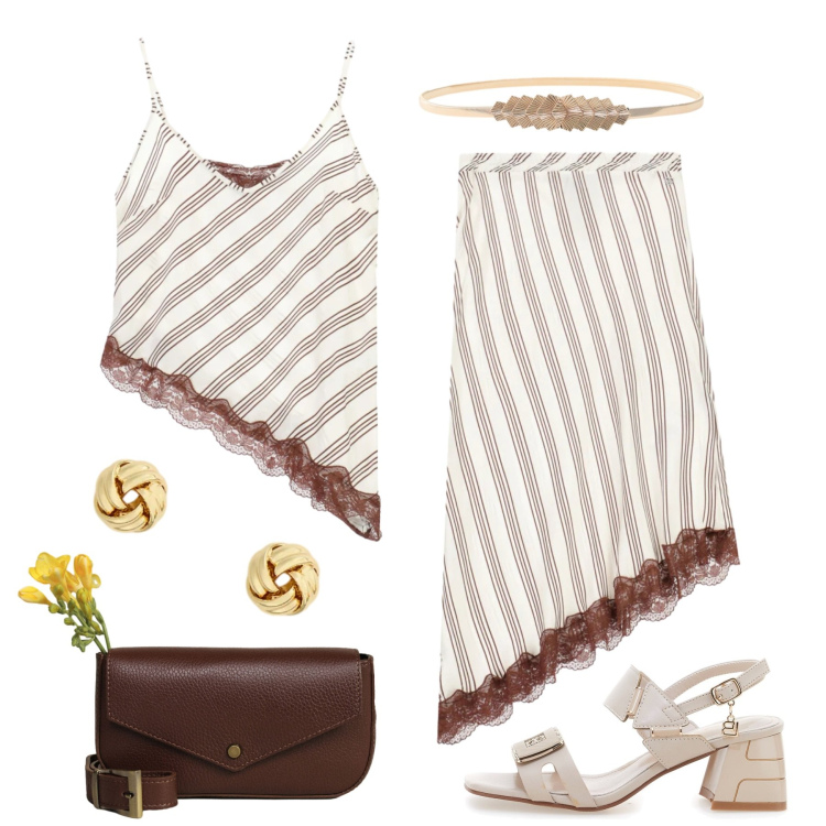Outfit donna - Pizzo e righe. Stile Trendy per Tutti i giorni. Abbinamento con gonne longuette, top, borse a tracolla, cinture, orecchini, sandali col tacco.