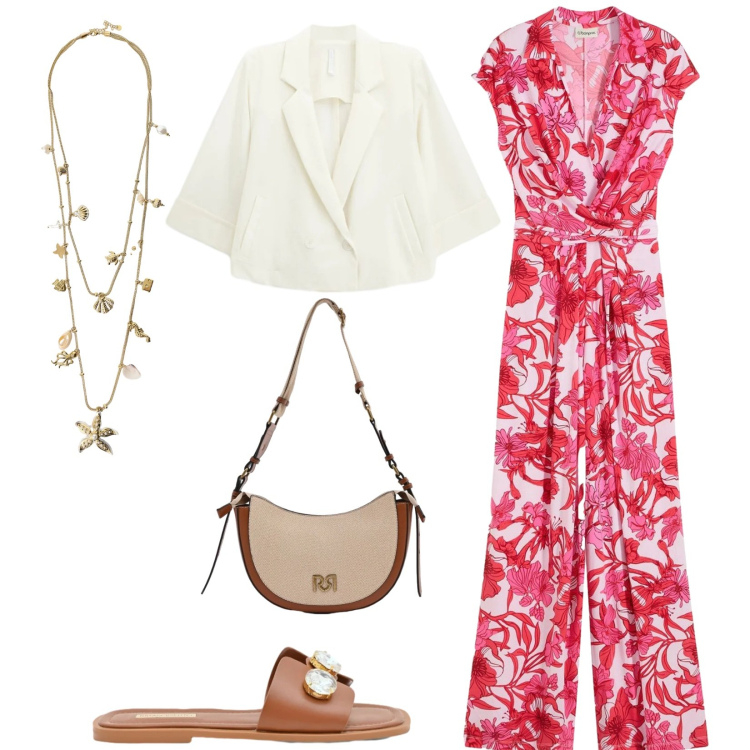 Outfit donna - Prime sere d\' estate. Stile Glamour per Serata fuori. look ideale per Tall. Abbinamento con tute, borse a tracolla, sandali gioiello, blazer, collane.