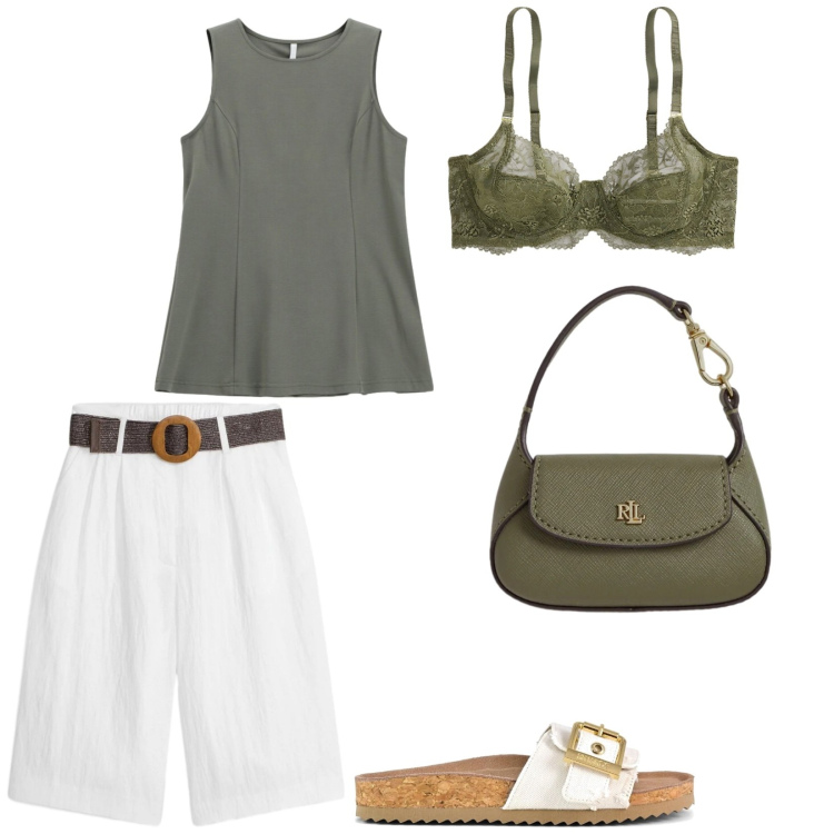 Outfit donna - Fresca e leggera. Stile Casual chic per Tutti i giorni. Abbinamento con bermuda, canottiere, reggiseni, borse a mano, sandali.