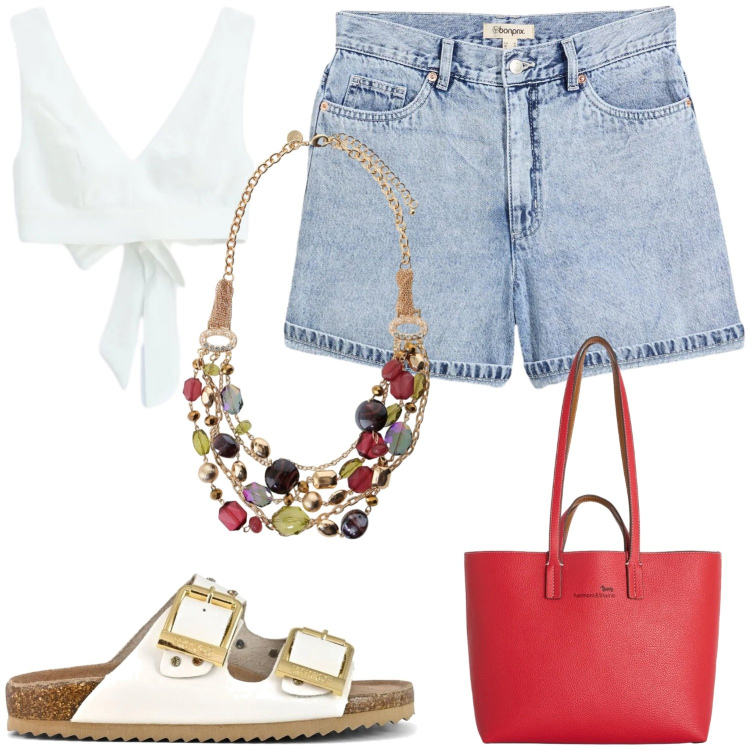 Outfit donna - Summer. Stile Minimal per Tutti i giorni. Abbinamento con shorts, top, shopping bag, collane, sandali.