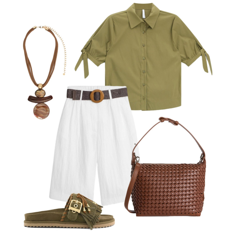 Outfit donna - Contro il caldo in città. Stile Casual per Tutti i giorni. Abbinamento con bermuda, camicie a manica corta, borse a spalla, ciondoli, sandali in pelle.