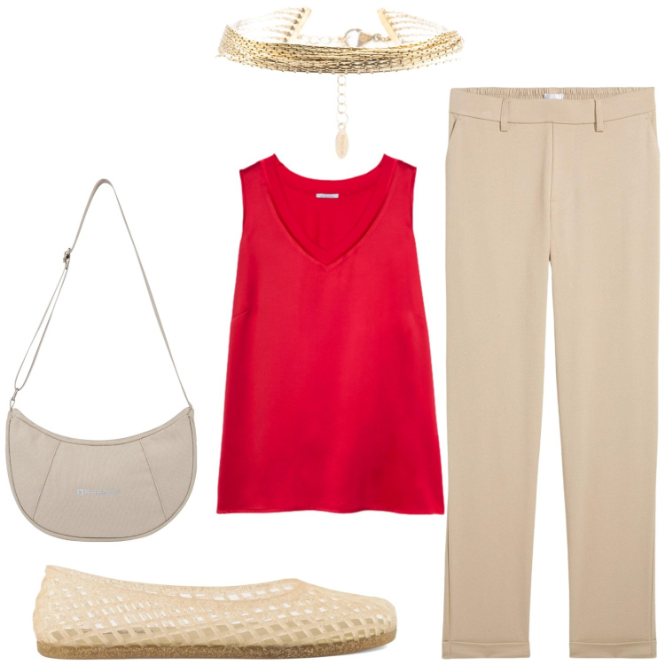 Outfit donna - Total look #2416942. Stile Casual chic per Ufficio. Abbinamento con pantaloni chino, borse a spalla, braccialetti, top, ballerine.