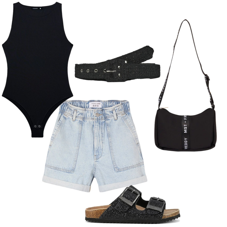 Outfit donna - Girls in town. Stile Casual per Tutti i giorni. Abbinamento con shorts, cinture, top, borse a tracolla, sandali.